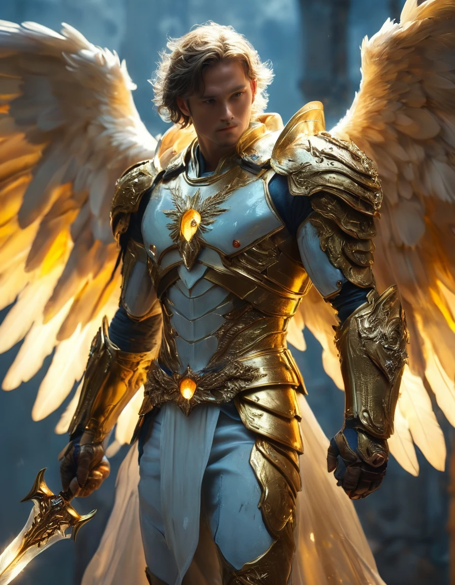 (Best Quality,4k,8k,High resolution,masterpiece:1.2), ultra detailed, (realist,photorealist,photo-realist:1.37), male angel with big wings, Somber color palette, Creepy lighting, white, gold, very long, big claws, Has bioluminescence throughout the body.. moist skin, (Complex, ultra-detailed skin patterns.:1.2), armored male angel with sword