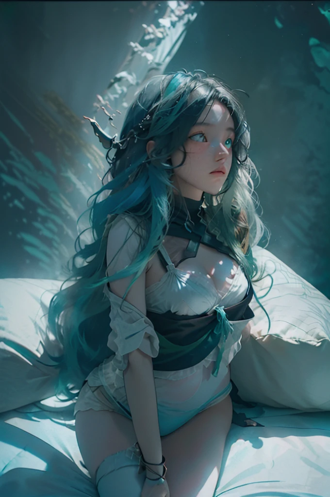 character, female, (()),realistic (reality))), ((((1girl)))),  (hair_red) long thick hair, wearing pastel green lingerie bikini, (( in bed.)) white silk sheets + pillow case [[ various pose]]   (split-color hair, hair color slight Red mixed with black and pastel green mixed with black,)) long EYELASHES (((Split-colored eyes color  blue and green,)) hair censorship, ((add_detail:1)) soft and delicate depiction, ((beautiful delicate Russian woman)) (High Dynamic Range), Ray Tracing, NVIDIA RTX, Super-Resolution, Unreal 5, Subsurface Scattering, PBR Textures, Post-Processing, Anisotropic Filtering, Depth of Field, Maximum Sharpness and Clarity, Multi-layer Textures, Albedo and Highlight Maps, Surface Shading, Accurate simulation of light-material interactions, perfect proportions, Octane Render, two-color light, large aperture, low ISO,((MFBP1))((various pose and facial expression)) nipple