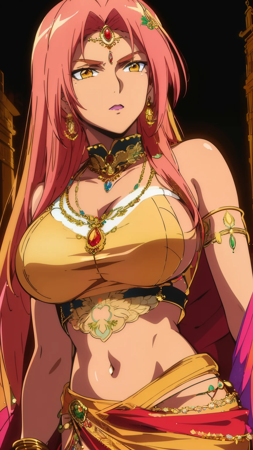 (Highest quality, masterpiece, 8k:1.2), anime art style, ultra-high resolution, hyper detail, Ingrid, one girl, 20 years, adult woman, big breasts, dynamic angle, staring at the viewer, (A full display of temple jewellery, a pair of earrings, necklace, bangles, finger rings, highly detailed Vray rendering of a maang tikka, flashing light, colourful dress, hair ornament, gold embroidery, ancient India, midriff peek, waist jewellery, bangles with gold chains, (close up), golden shawl with intricate leaf embroidery, embroidered dress, (Kamarbandh:1.1))