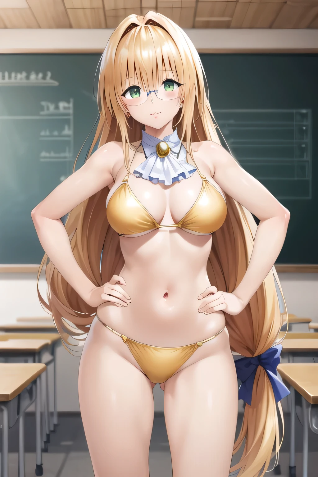 masterpiece, highest quality, High resolution, Atearge, very long hair, long hair tied low, hair ribbon, green eyes, Glasses, big breasts,  masked、gold swimsuit, wrestling, indoor, Are standing, from before, cowboy shot,