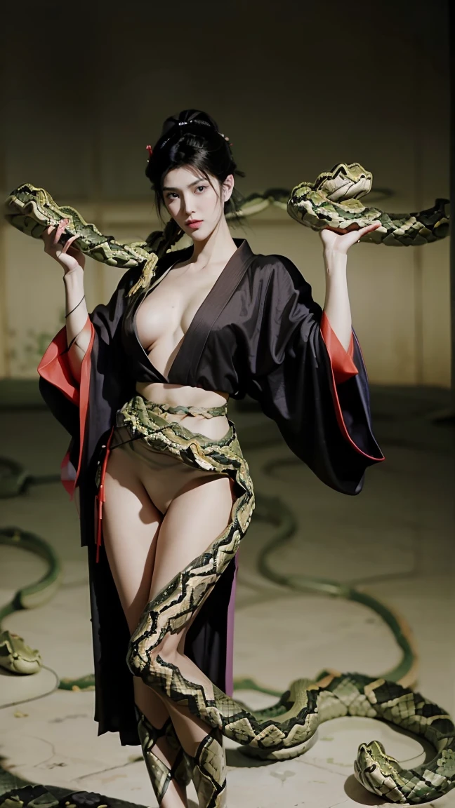 (masterpiece), best quality, Expressive eyes, Perfect face, HD, Benissato, Meinoichi, Snake tattoo, She is a tall and mature woman.，fit，Curved，Long legs，Long arms, Even though she is a ninja herself, Benissato has the appearance of a beautiful and seductive geisha, She has porcelain skin.，Her long black hair was tied into a bun with a hairpin and a traditional comb.。, Benissato is covered in serpent tattoos that come alive when she uses her powers and will usually appear naked during a battle to throw off her male victims, She is wearing a traditional Japanese geisha robe, whole body, Pants, Long sleeve, Vest, sandals, kimono, dividend, Snake Paranormal 