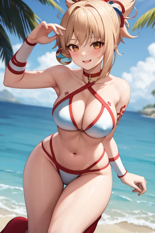 masterpiece, best quality, beautiful art, high resolution, well formed hands, body and fingers, 1 woman, solo, Yoimiya, full body picture, grown up, adult, large and rounded breasted, cleavage, hair ornament, wearing a Tyris Flare outfit ,  white_bikini, full body, sexy and skimpy  bikini, gorgeous  hips, legs and thighs bouncing breasts, red boots, dancing seductively and erotically, , showing her back,  t back thong, shaking her body alluringly, smiling joyfully, looking at the viewer, sweating , flirting, beach environment 