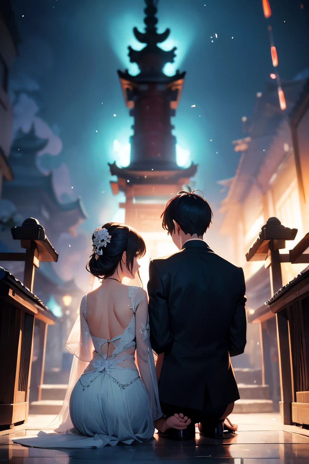 Shrine of Love　Flower storm　mysterious　Male and female couple　Small back view　prayer