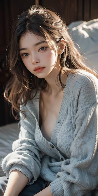 (masterpiece: 1.2, Portraiture, Highest quality), Realistic, (Live Action, Intricate details, Written boundary depth), Highest quality, masterpiece, Attention to detail, semi-Realistic, sleeping in bed, shy, 21 years old, Short Blonde, blue eyes, pajamas, Slim figure、Canopy bed、 sleeping beauty, I can see your chest
