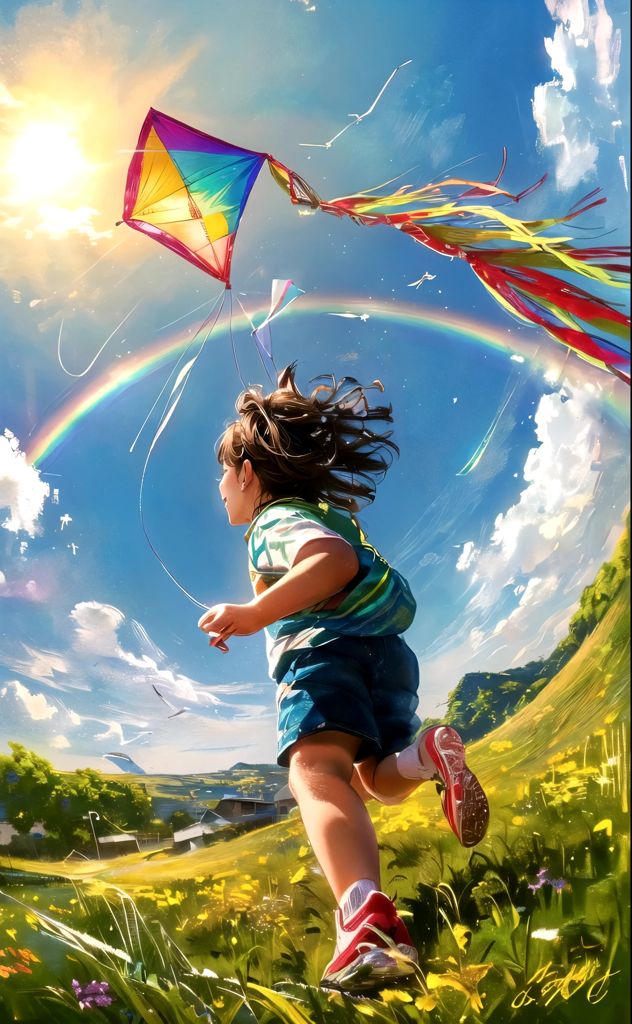 (a joyful child flying a kite,low angle shot,soaring kite,fading rainbow,summer time,best quality,4k,8k,highres,masterpiece:1.2,ultra-detailed,realistic,photorealistic,photo-realistic:1.37,HDR,vivid colors,dynamic composition,dramatic lighting,warm tones,golden hour,vibrant, sneakers