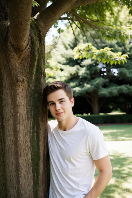Cute young white man in a t-shirt hiding behind the tree