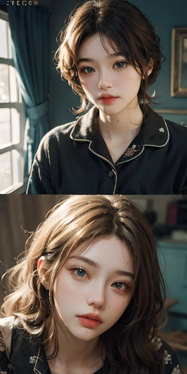 (masterpiece: 1.2, Portraiture, Highest quality), Realistic, (Live Action, Intricate details, Written boundary depth), Highest quality, masterpiece, Attention to detail, semi-Realistic, Sleeping in bed, shy, 21 years old, Short Blonde, blue eyes, pajamas, Slim figure、Canopy bed、Dark Room
