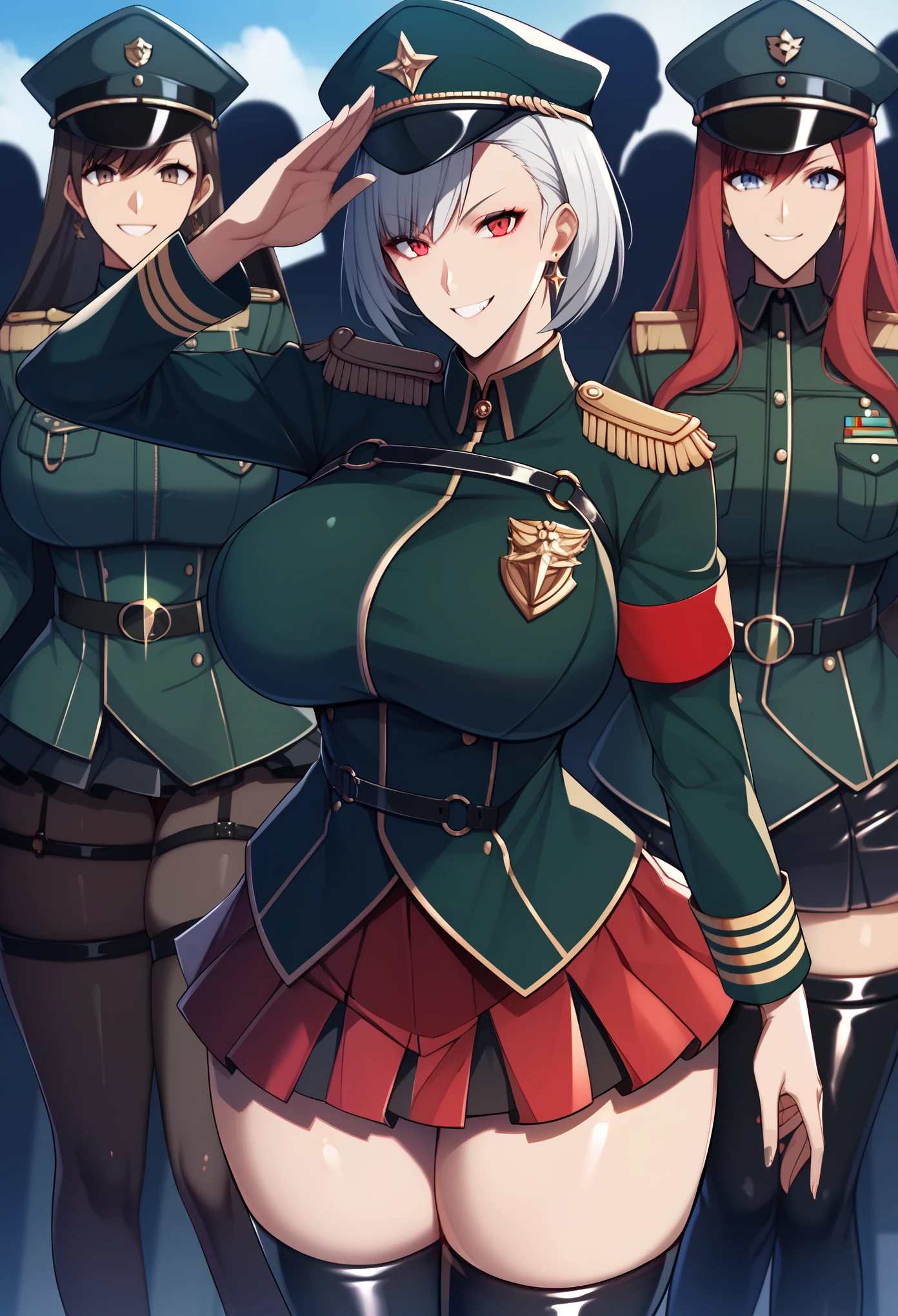 score_9,score_8_up,score_7_up, score_6_up, rating_safe, source_anime, 5_fingers, multiple girls, group picture, 4girls, standing aligned, (salute), gold earrings, large breasts, jewelry, military cap, (military uniform), (epaulette), jacket, harness, thigh strap, black thigh boots, (layered skirt), miniskirt, evil smile, smirk, dark theme, dark persona, skindentation, wide hips, 