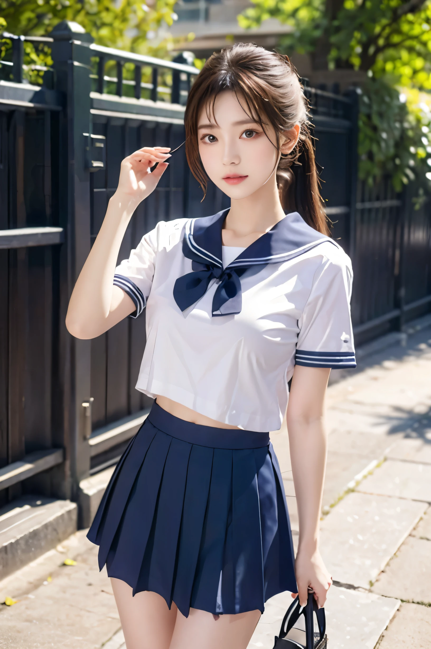 (Ultra HD), (Sailor suit:1.4, White short sleeve shirt, Navy blue mini skirt), Big Breasts, slender, Narrow waist, whole body, Standing posture, (Clean and shiny skin, Whitening, No makeup), (Super slim face, Super beautiful face), (Light Brown Ponytail, Layered Cut, Fluffy hair), (double eyelid, Slanted Eyes), Small Nose, Thin lips, Thin legs, school gate