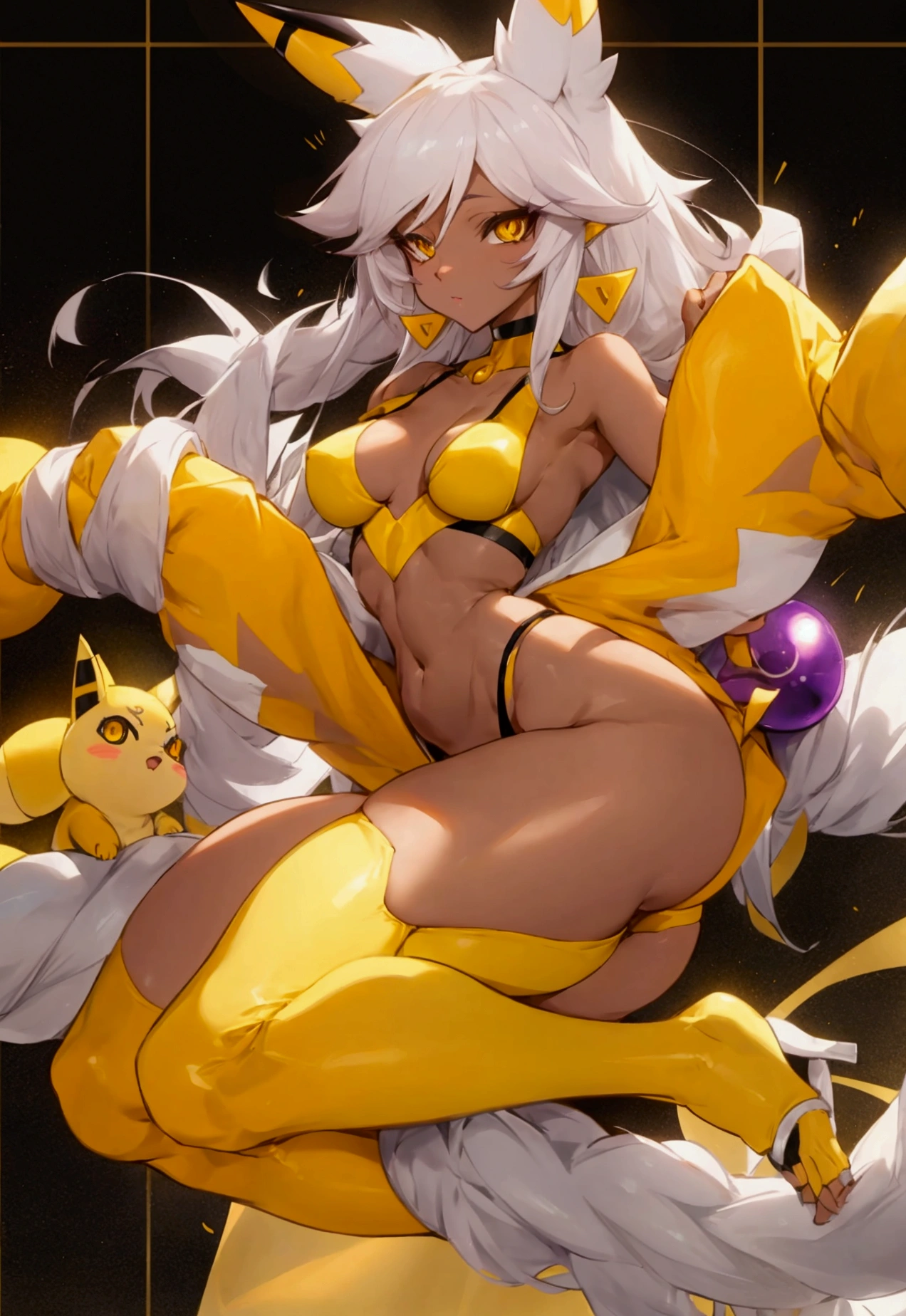 make me the character renamon from digimon but in a human version of this same one make him have details or characteristics of renamon like his ears and tail and also make a full body image make him have nice and firm breasts and a light skin tone too Make him a curvy, sexy body with medium thighs that are neither too big nor too small and white hair