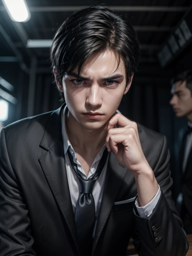 Number 5: Number 5 is a young, unchanging teenager with dark, well-cut hair and a piercing gaze. His attire is usually a black suit with a tie, reflecting his role as a time traveler and his adult appearance. He has an expression that mixes cunning and frustration, evidencing the burden of his time manipulation ability and his discontent with his current state.