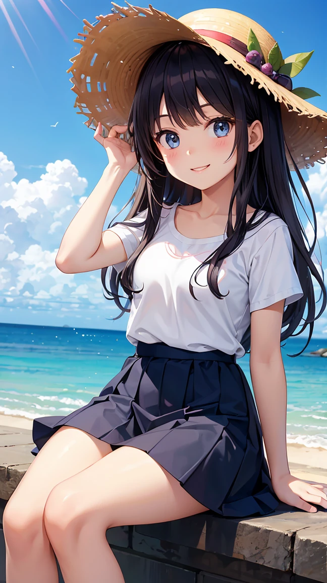 A girl around 10 years old is smiling and wearing a straw hat.。I&#39;m wearing a skirt。Walking along a country road。High resolution and high image quality。