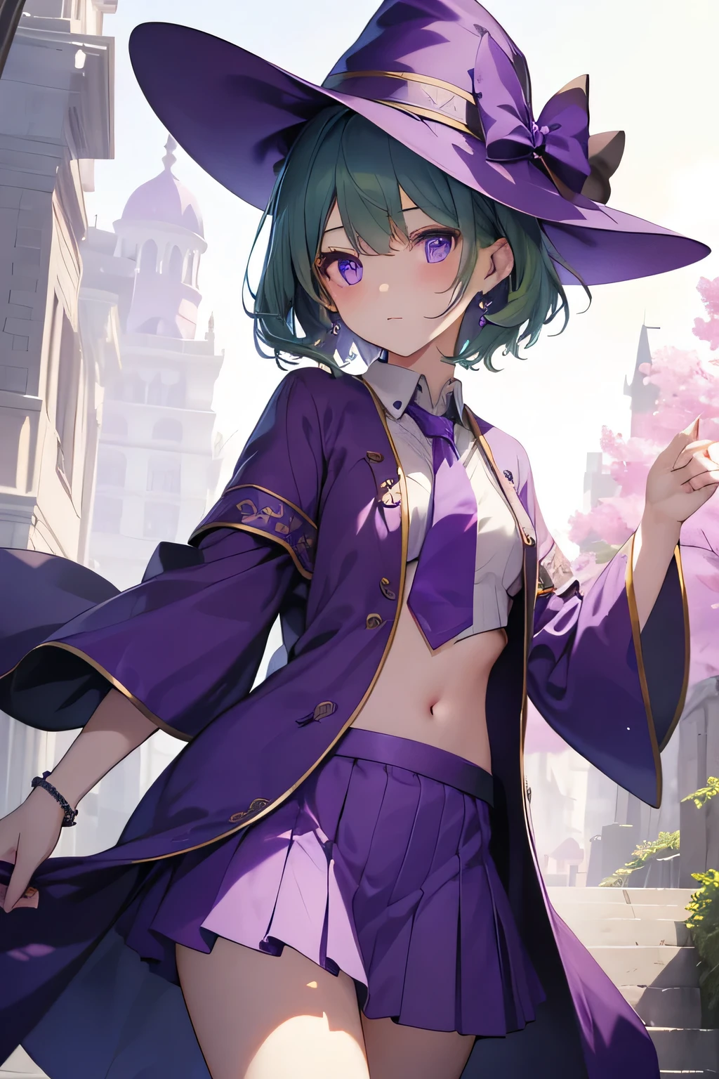 highest quality、Very delicate and beautiful、(Teenage Girls)、Beautiful eyes、Beautiful Eyes、Purple Eyes、Green Hair、Short-haired、(Purple Witch Hat)、Purple tie、I、Short sleeve、Purple Skirt,Purple Wizard Robe、belly button、standing、Facing forward