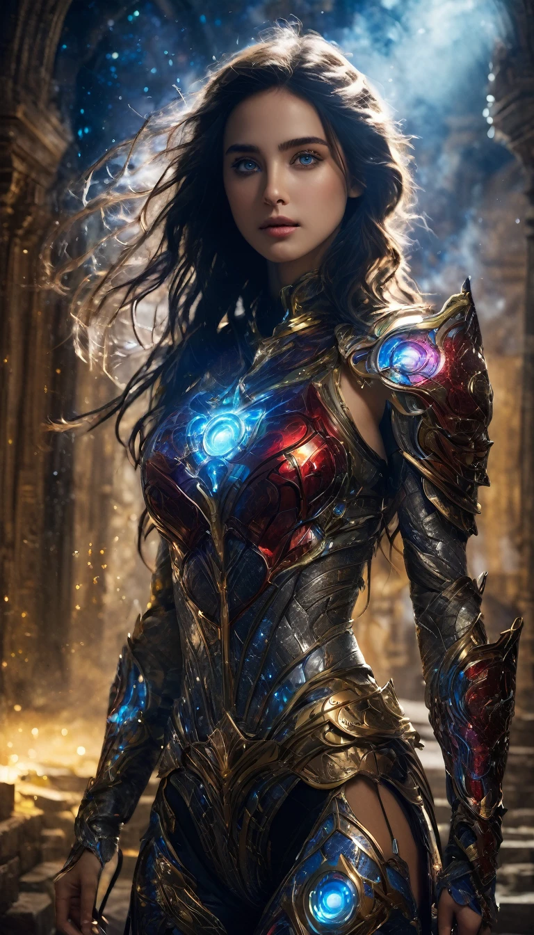 (1 Beautiful teenage Italian girl),(Wear a rainbow bodysuit with beautiful fractal and marble patterns:1.5),(She wears jeweled gauntlets of very beautiful design.。:1.6), ((Shie is showing her armpits:1.6)), (Sexy pose:1.6), (Model pose:1.6), An incredible sight, ((high quality)), ((Fantasy)), Blue Plasma Brain, Green Plasma Body, Obscene, average, (Despicable:1.2), (Immoral:1.2), (Small breasts with beautifully raised pink areolas:1.5), (Expressions of Ecstasy:1.2), Ultra-realistic photos, Official Art, unity 8k wallpaper, 8K Portraiture, high quality, Very high resolution, (Incredibly beautiful natural backgrounds:1.6), (18-year-old:1.5), (Sexy and glamorous:1.1), (Coquettish look:1.6), (Smile seductively:1.6), Beautiful and seductive face, Portraiture, (Thick eyebrows:1.4), (Big red eyes:1.6), Beautiful, symmetrical eyes, (Highly detailed eyes:1.4),(Highly detailed face and eyes:1.7), (High resolution red eye:1.8),  (Highly detailed skin texture:1.4), Highly detailed pale skin, Perfect Anatomy, thin, (Beautiful, toned, muscular body:1.6), Highly detailed jet black hair,  (Moisturized Skin:1.2), No makeup, (bear:1.1), Excellent anatomy, Focus Plane, good looking, (Emilia Clarke:0.1) (Emma Watson:0.3),(Jennifer Connelly:0.24),  (Around her neck is a delicately crafted necklace.), (Brightly lit bioluminescence:1.4), (Shining Magic Circle:1.5), Ruins of an ancient castle, Shining majestic clouds and sky, lightning, Spectacularly realistic, (Greg Rutkowski:0.8), (blue green and orange:0.4), (Art Station:1.5), Cinematic, (Browsing Caution:1.6), Dramatic Light, (Intricate details:1.1),milky way, (nebula:1.6), dark Knight, Focus on the fully armored body