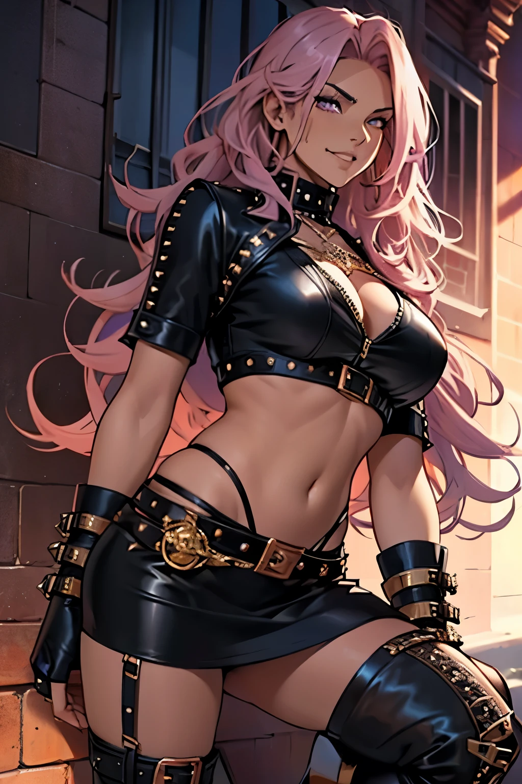woman, hourglass figure, lightly tanned skin, long curly hair, rose-gold colored hair, purple tips on hair, gold eyes, punk goth clothes, leather belts, studded leather accessories, lace jewelry, crop top, black leather skirt, short women's boots with heels, smirking expression