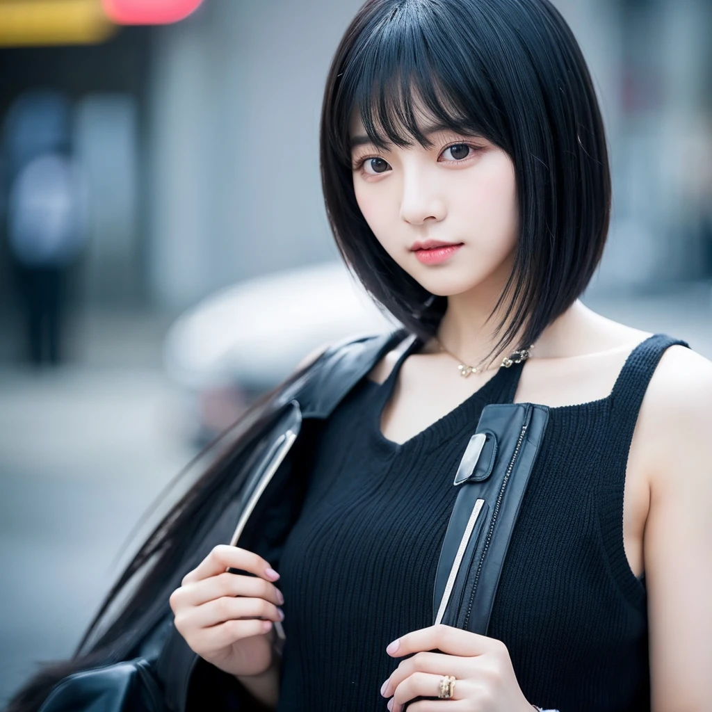 Korean straight black hair with bangs black clothes kpop photo concept 19 years old Very real beautiful feminine