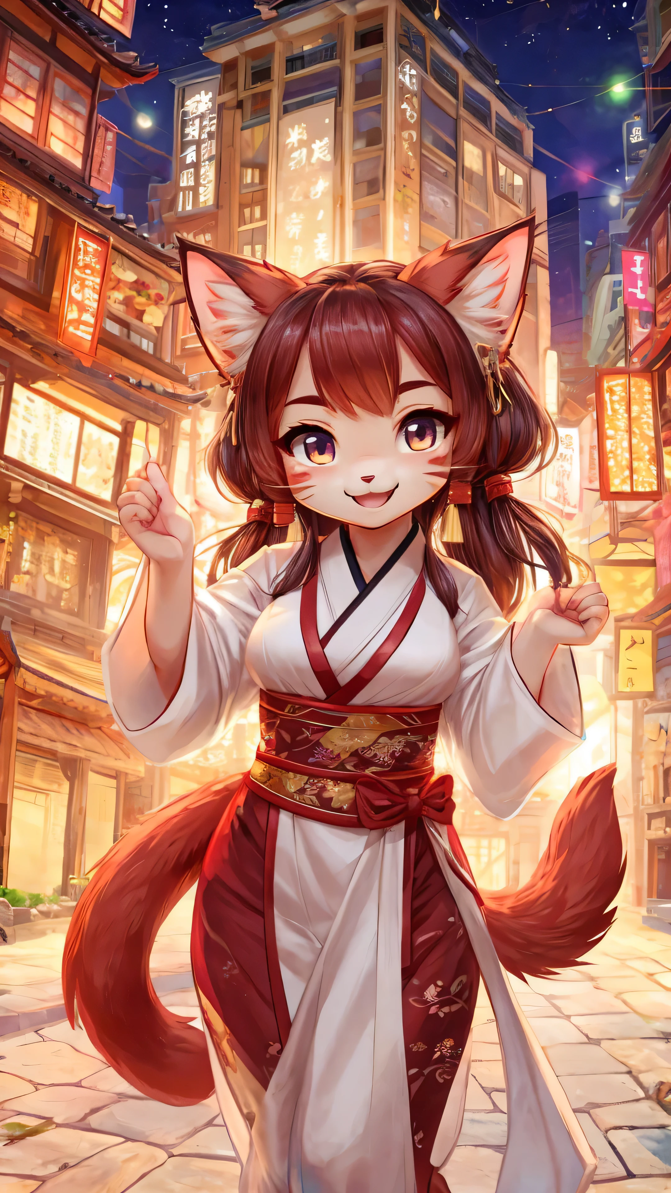 Yaki Neko,Cat,cute,Girl,Happy smile,City night scene,A-cup breasts,Hanfu,Red cat tail