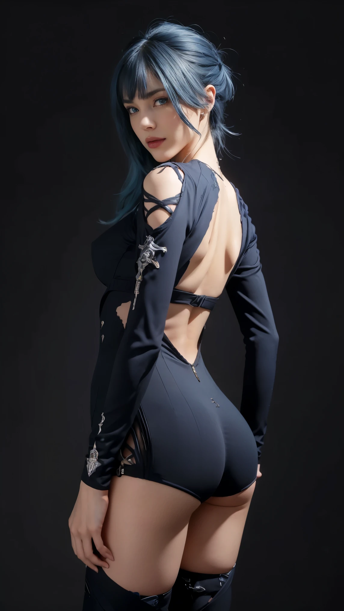 8K, Top Quality, Intricate Details, Ultra Detail, Ultra High Resolution, Masterpiece, close up shot, shot from behind, (Looking back), (full body: 1.1), Slender, Smile, smirk, (Makeup: 0.4), ,(( bangs, blue eyes, blue hair, bangs,  , )), (Fluffy  Eyes: 1.21), (()), 1girl, solo, 1 girl, (()), close up shot, , ((tall)), (((fit body))), (((slim face))), sharp face, ((walking pose))  ,(detailed face), sharp face, small lips, , ,(( ass , butt cheek,)) ,, ,
 ((, , wind blow hair,   )), , ((backless, skin tight suit, torn suit, ripped suit , torn g- string, ripped g string )), detailed face, detailed breast, large breast, huge breast, detailed ass , large ass, huge ass, detail nipples ,, Narrow Waist, Skinny, tall , 190 cm tall, Muscular, Navel, Exposed Abdomen, Pointed Chest,, Beautiful girl with accentuated slender abs: 1.4, Six Pack Abs: 1.4, , Perfect Body, detail legs, (( dark background)), black background,
