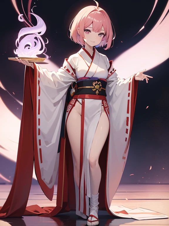 ((artwork, Best quality)), Front Lighting, (1 woman), (Alone), (female focus), (stand:1.3), (looking forward: 1.3), straight pose, Slender body, priestess, religious, ritual kimono, white and red kimono, ritual clothing, short hair, (very wide shot: 1.5), straight hair, pink hair, hair behind the ear, human ear, purple eyes, sexy eyes, seductive eyes, smile seductive, seductive, light reflection, anatomically correct