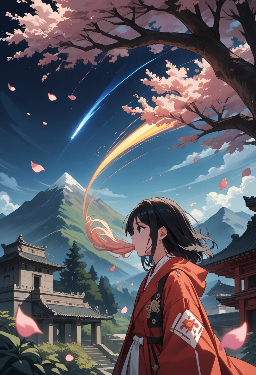 (Best quality, masterpiece),(1 girl, Miko, coat, facial expression, black eyes, looking ahead ,black hair, to walk, upper body), (night sky, A huge old tree behind, Falling glowing pink petals behind, temple behind, Mountain background, blowing wind, Meteor Cloud)