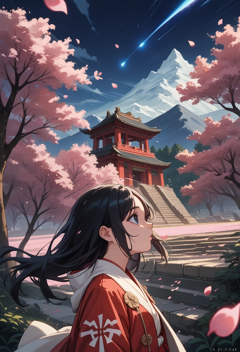 (Best quality, masterpiece),(1 girl, Miko, coat, facial expression, black eyes, looking ahead ,black hair, to walk, upper body), (night sky, A huge old tree behind, Falling glowing pink petals behind, temple behind, Mountain background, blowing wind, Meteor Cloud)