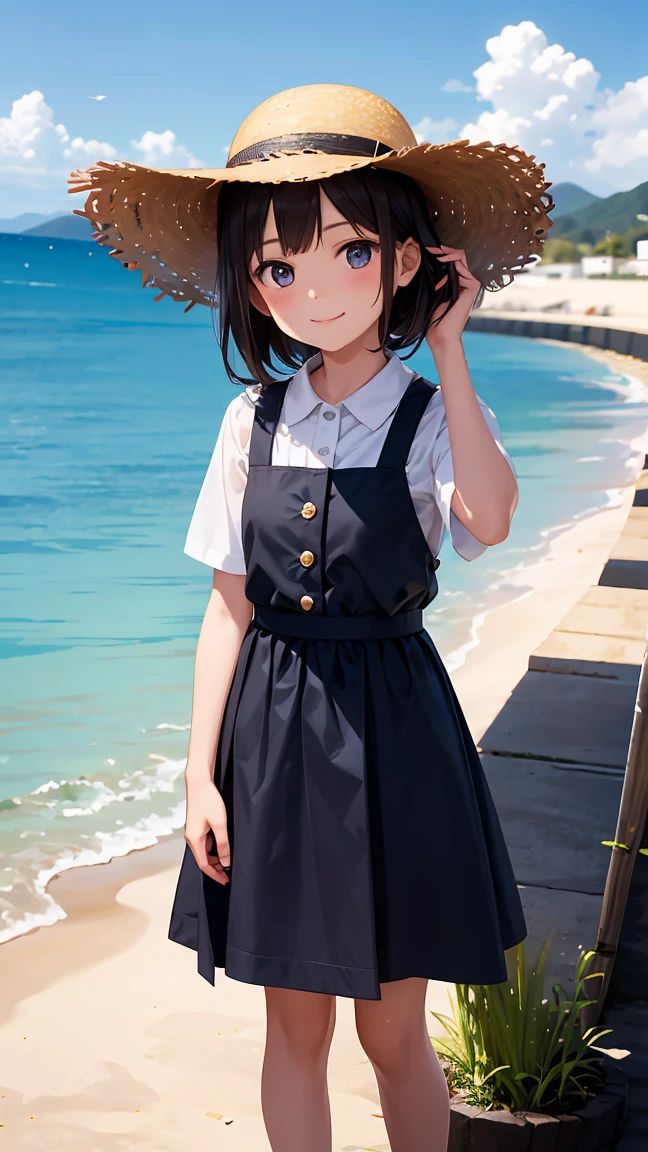 A girl around is smiling and wearing a straw hat.。I'm wearing a white dress。I'm wearing a shoulder bag。Walking along a country road。High resolution and high image quality。