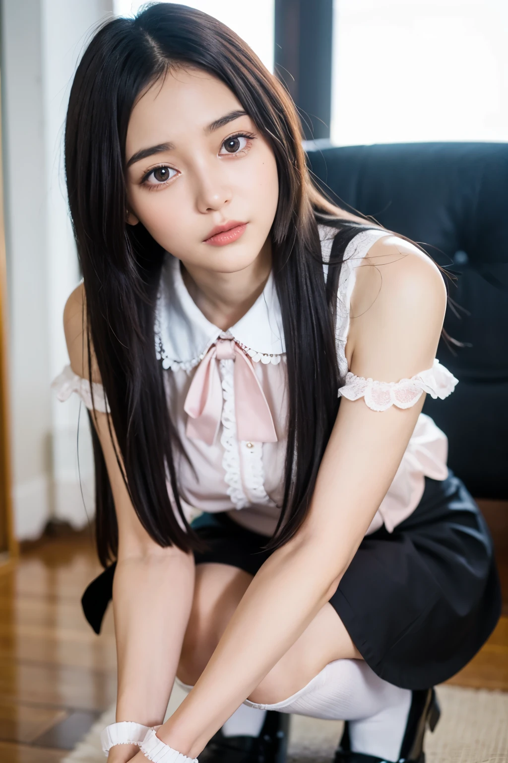 ((masterpiece)), ((best quality)), ((ultra-detailed)),((hyperrealistic)),(japanese cute girl),(shiny skin),1girl,(forehead),black hair,long hair,(black big eyes,tareme,droopy eyes),(small breasts),,dynamic angle,neat and clean,wearing a kawaii fashion outfit, outfit features a pink blouse with black lace trim and a large bow at the collar, The blouse is paired with a black high-waisted skirt with lace-up details, The person is also wearing black knee-high socks with lace tops, The overall look is cute and elegant,kneeling,