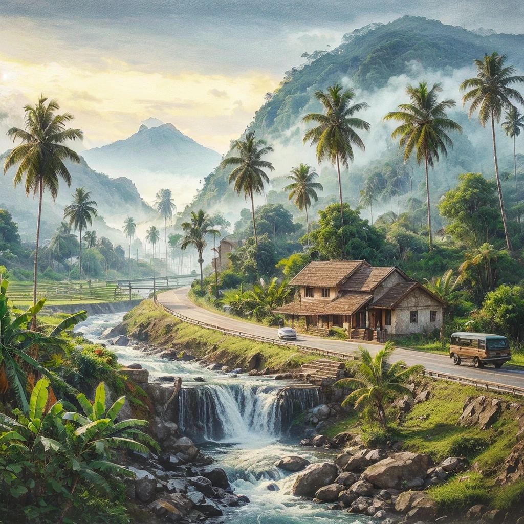 a rural view, highway in front of a house, Beside it there is a waterfall flowing fast, rocks, coconut tree, banana tree, lots of vehicles passing by, with a misty mountain background, impressionism.