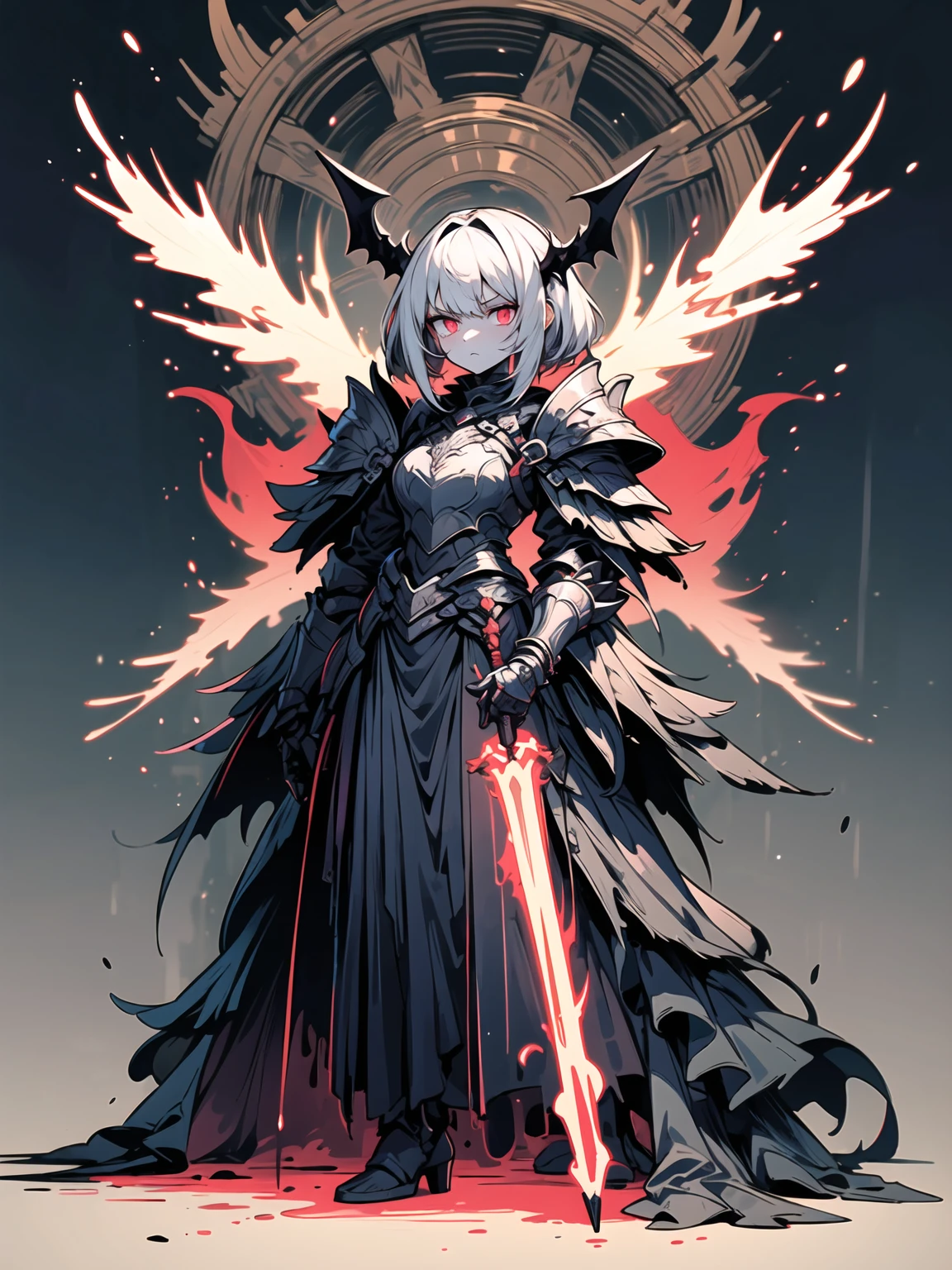 ((masterpiece, best quality, high detailed, 16k))) (1girl) A mesmerizing slender vampire with short, white hair, her eyes burning with a fierce, predatory gleam. She wears a remarkable cape that flows like liquid night, adding an air of mystery and elegance to her presence. Her demonic armor is a dark, intricate masterpiece, adorned with sinister patterns and spikes that enhance her formidable and fearsome appearance. The armor, a blend of deep blacks and blood reds, clings to her form, providing both protection and an intimidating aesthetic. In one hand, she holds a glowing, pulsating sphere of red energy, crackling with raw power and malevolence. Her stance is confident and menacing, exuding a powerful, dark aura that hints at her vampiric nature and demonic prowess.(extremely detailed:1.2) ((full body view:1.4))