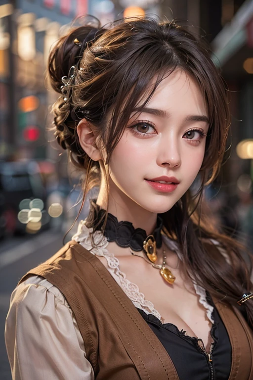 (masterpiece:1.3), (8k, Realistic, RAW Photos, Best image quality: 1.4), Japanese 、26 years old,(Random Hairstyles:1.2)、Cleavage:1.2、Highly detailed face、Attention to detail、double eyelid、Chest to chest、Sharp focus:1.2、Beautiful woman:1.4、Light brown hair、Highest quality、masterpiece、Ultra-high resolution、(Realistic:1.4)、Highly detailed and professionally lit smiles、Loose fitting steampunk outfit、Shoulder out、thin、Serious expression、Holding a gorgeous necklace in her right hand, In the city、Eat dinner