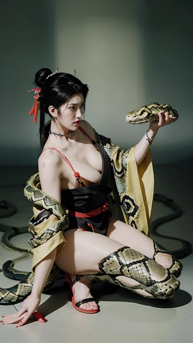 (masterpiece), best quality, Expressive eyes, Perfect face, HD, Benissato, Meinoichi, Snake tattoo, She is a tall and mature woman.，fit，Curved，Long legs，Long arms, Even though she is a ninja herself, Benissato has the appearance of a beautiful and seductive geisha, She has porcelain skin.，Her long black hair was tied into a bun with a hairpin and a traditional comb.。, Benissato is covered in serpent tattoos that come alive when she uses her powers and will usually appear naked during a battle to throw off her male victims, She is wearing a traditional Japanese geisha robe, whole body, Pants, Long sleeve, Vest, sandals, kimono, dividend, Snake Paranormal 