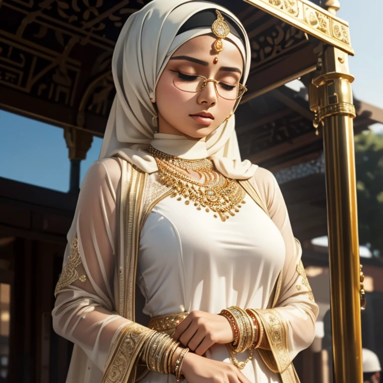 beautiful hijabi teen,girl in tight white kebaya,wearing golden bangles bracelets necklaces glasses watch,at bus stop,closed eyes,detailed horny face,cinematic lighting,intricate details,masterpiece,hyper realistic,photorealistic,8k