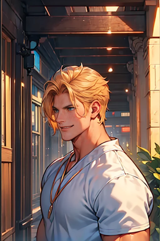 (tmasterpiece, high resolution, ultra - detailed:1.0), (1 boy, Young male, masculine face), Perfect male body, tall and strong, Adult male, Delicate eyes and delicate face, Extremely detailed CG, Unity 8k wallpaper, Complicated details, Detailed face, (blond hair, messy hair, serious faces, white shirts,Bad students), (frown,evil smile:1.3), stad in school corridor, street style, color difference, Depth of field, dramatic shadow, Ray tracing, Best quality, Cinematic lighting, offcial art,Portrait