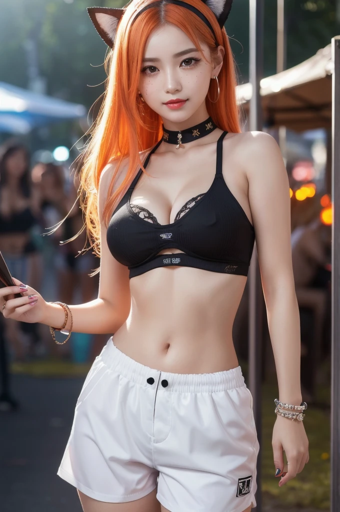 Pretty Asian girl, idol, extremely detailed CG, 8K High Quality, Depth of field, Cinematic Light, Lens Flare, Ray tracing, beautiful lips, lots of cute soft freckles, beautiful detailed eyes, intricate detail face, ultra detailed skin, 1girl, in the dark, deep shadow, front shot, face forward, she has red lipstick, big eyes, black eyes, random position, pale skin, flashy orange hair, orange eyebrows, very small perky breasts, very nice detailed cleavage, looking at viewer, coy smile, she has lots of tattoos, must wear a shirt, (she wear shiny low waist dolphin shorts), tight t-short with logo that matches shorts, wide gap between thighs:1.6, view full body from head to toe shot, navel piercing, wear cat ears headband, wear high thighs socks , loops earrings, piercings, jewelry, lots bracelets, at the amusements park, (Intense sex appeal of young women), (woman who makes erotic temptations), (she reaches an amazing orgasm)
exhibiting idol-like features, emerges from the depths of shadow in an extremely detailed CG Unity 8K wallpaper. Her beautifully sculpted face boasts intricate details, with ultra-detailed skin that appears almost alive, she want's us to think of her as a slut,