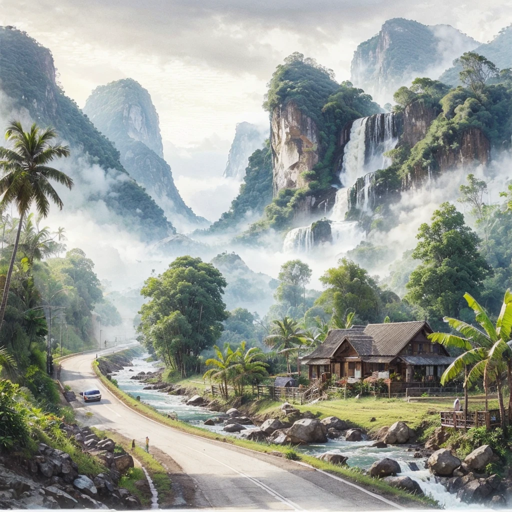 a rural view, highway in front of a house, Beside it there is a waterfall flowing fast, rocks, coconut tree, banana tree, lots of vehicles passing by, with a misty mountain background, impressionism.