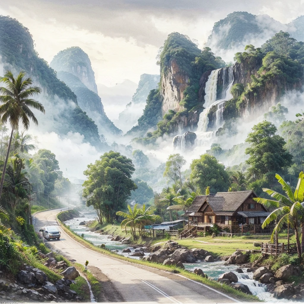 a rural view, highway in front of a house, Beside it there is a waterfall flowing fast, rocks, coconut tree, banana tree, lots of vehicles passing by, with a misty mountain background, impressionism.
