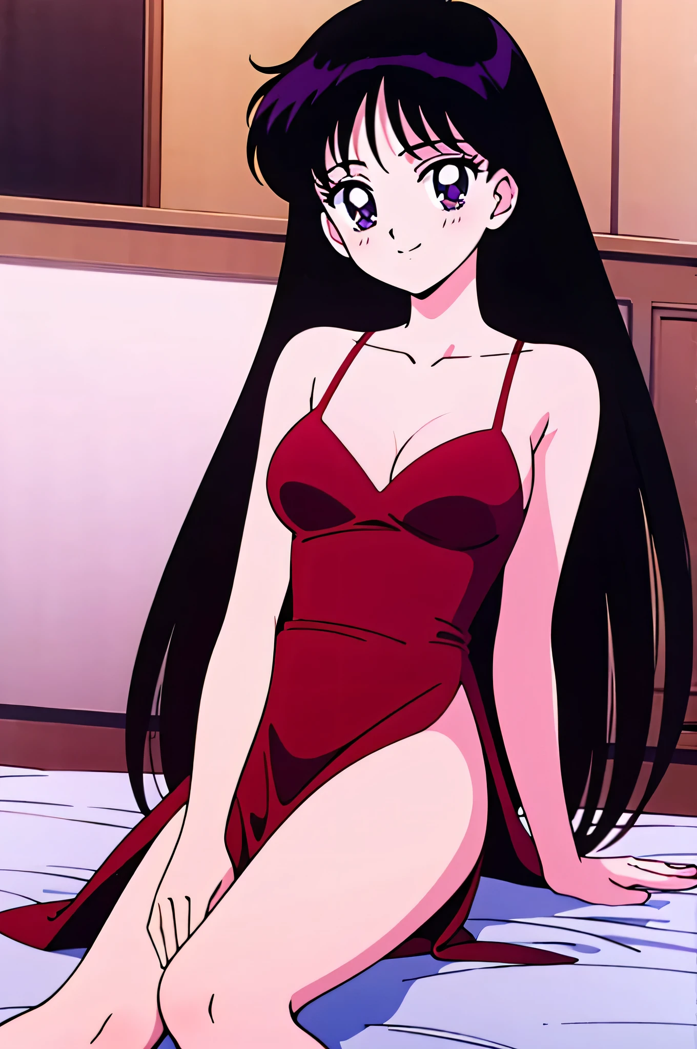 1990s \(style\), Best quality, masterpiece, 1girl, solo, ager, Rei Hino, Long black hair, purple eyes, Smile, Bare Neck, Bare Arms, Bare Shoulders, red dress, taut dress, spaghetti strap red dress, sleeveless, medium breast, laying in bed, blush, looking at viewer, indoor, in the center, cleavage, selfie