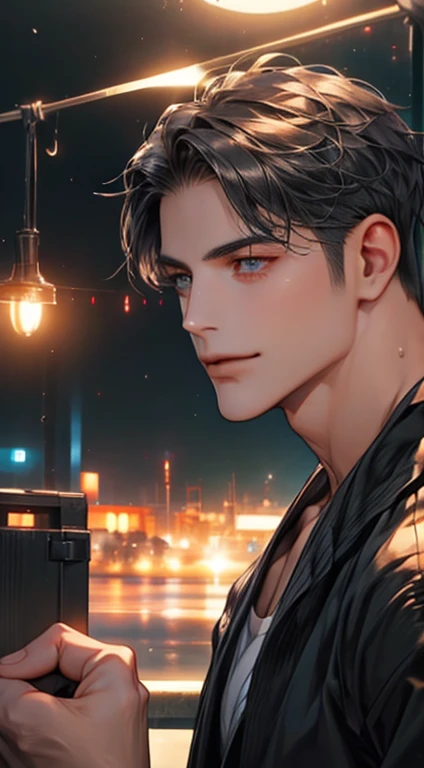 (best quality,4k,8k,highres,masterpiece:1.2),ultra-detailed,(realistic,photorealistic,photo-realistic:1.37),1 man,31 years old,mature man,very handsome,without expression,smile,short grey black hair,blue eyes,penetrating gaze,perfect face without errors,imposing posture,businessman,office background,cinematic lighting,hdr image