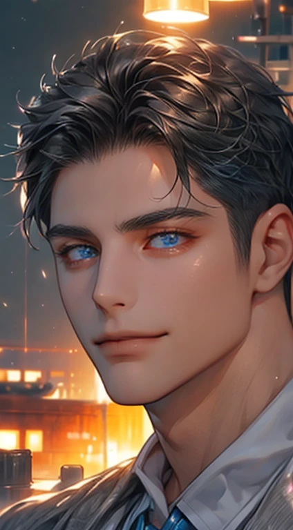 (best quality,4k,8k,highres,masterpiece:1.2),ultra-detailed,(realistic,photorealistic,photo-realistic:1.37),1 man,31 years old,mature man,very handsome,without expression,smile,short grey black hair,blue eyes,penetrating gaze,perfect face without errors,imposing posture,businessman,office background,cinematic lighting,hdr image