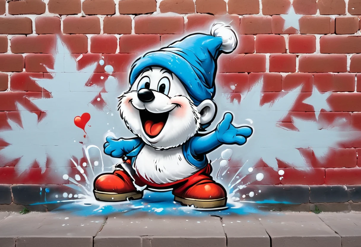 graffiti, pastel, graffiti on brick wall, spray paint on wall, colorful graffiti, street art, spray paint, street canvas, graffiti artist, graffiti art, spray art, spray art, (((old shabby brick wall: 1.4))). (((spray paint cans: 1.3))). Moral on the wall of the house.
blue cheerful smurf in a red Santa hat, splashes, laughing, jumping for joy, cartoon style, starry sky background, swirling clouds, elements of cute but mysterious textured details reminiscent of cracked paper,