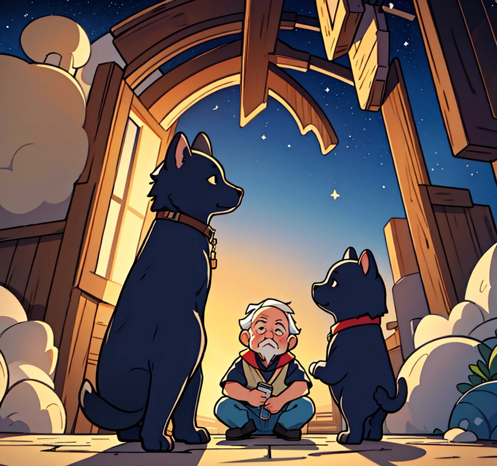 masterpiece, Highest quality,8k,Heartwarming、Under the stars、Wide angle、Composition looking up from diagonally below、Silhouette of an old man and animals、Low-profile anime style
