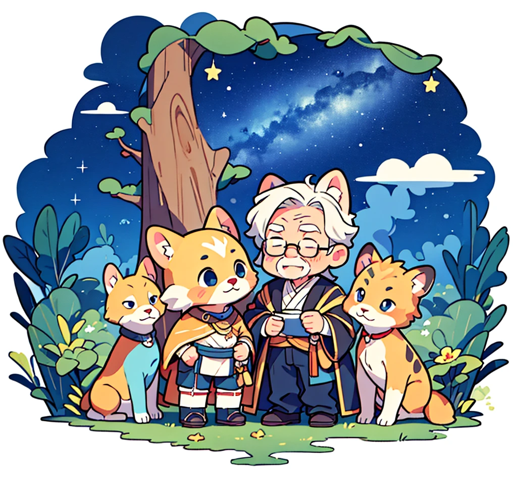 masterpiece, Highest quality,8k,Heartwarming、Under the stars、Wide angle、Composition looking up from diagonally below、Silhouette of an old man and animals、Low-profile anime style