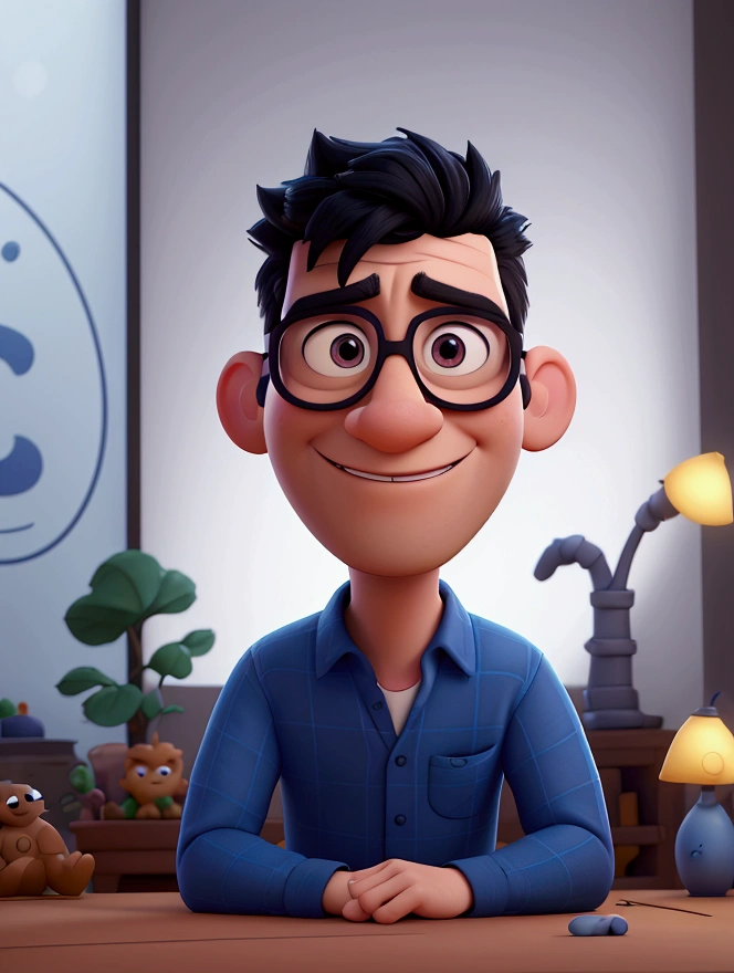 Cartoon character of a man in black glasses and blue shirt, an animated character, stylized character, animation style rendering, 3d stylized, Arnold Maya rendering, Stylized 3D rendering, toon render screenshot, 3d character, 3d character, Stylized 3D rendering, 3D character rendering, cartoon character, Personagem de close up, character posing, (Pixar-style) (master part:1.2) (bokeh) (best qualityer) (skin detailed) (detailed texture) (8k) (Argilla) (cinematic lighting) (sharp focus，Sit down and lift your upper body