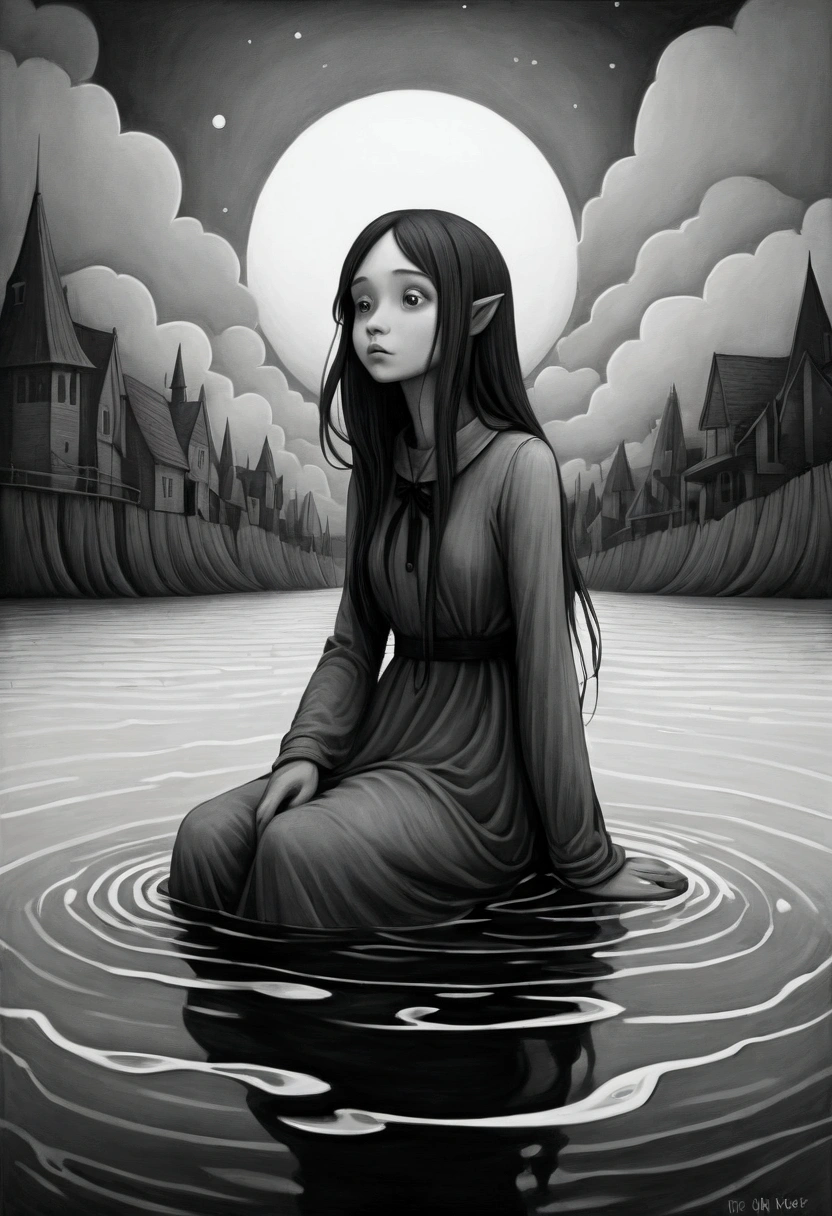 ((Inspired by John Kenn Mortensen)), Low Angle Shot, absurd, high resolution, Extremely detailed, (Black and White), (1 Girl:1.3), Hand Painted, Simple lines, sitting in water, Flowing hair