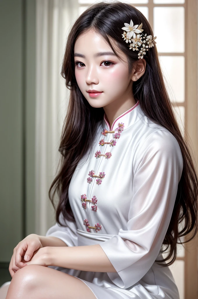 1girl, aodai white, photo art, (flower), a stunning photo with beautiful saturation, ultra high res,(realistic:1.4)),deep shadow,(best quality, masterpiece), pale skin, dimly lit, shade, flustered, blush, highly detailed, skinny, BREAK depth of field, film grain, wrinkled skin, looking at viewer, knee, warm smile, (upper body), masterpiece,ultra realistic,32k,extremely detailed CG unity 8k wallpaper, best quality