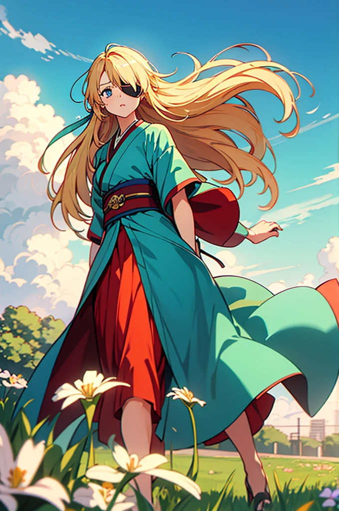 Woman, middle-age, skin fair, long  hair, blond, flying in the wind, blue colored eyes, ((left eye patch)), serious look, kimono, red waist belt, cloudy green field