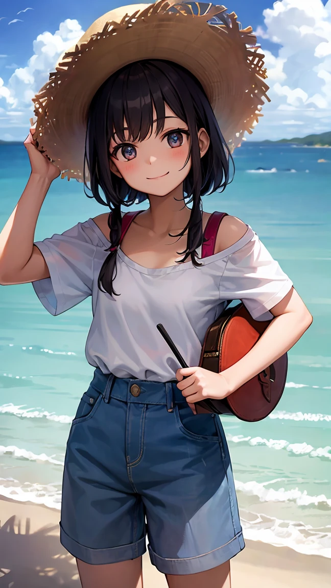 A girl around 10 years old is smiling and wearing a straw hat.。I'm wearing a white dress。I'm wearing a shoulder bag。Walking along a country road。High resolution and high image quality。