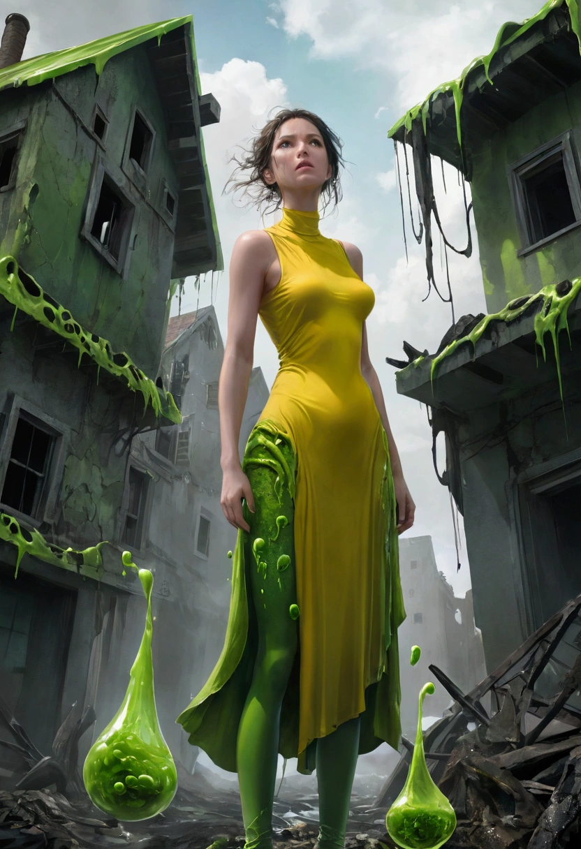 After the end of the world，Everything melted into goo, Mucous substance, Low Angle Shot, A woman stands in the foreground. Her bright yellow-green dress, Plastic green top, Slimy green plastic leggings, Gelatinous. The landscape behind her is a mixture of half-melted buildings and twisted remnants of civilization., They are all dripping with the same sticky mucus. The sky is covered with dark clouds，Epoly，A hint of green, Reflecting the mucus below. The woman&#39;s expression is full of determination and resilience, In stark contrast to surrealism