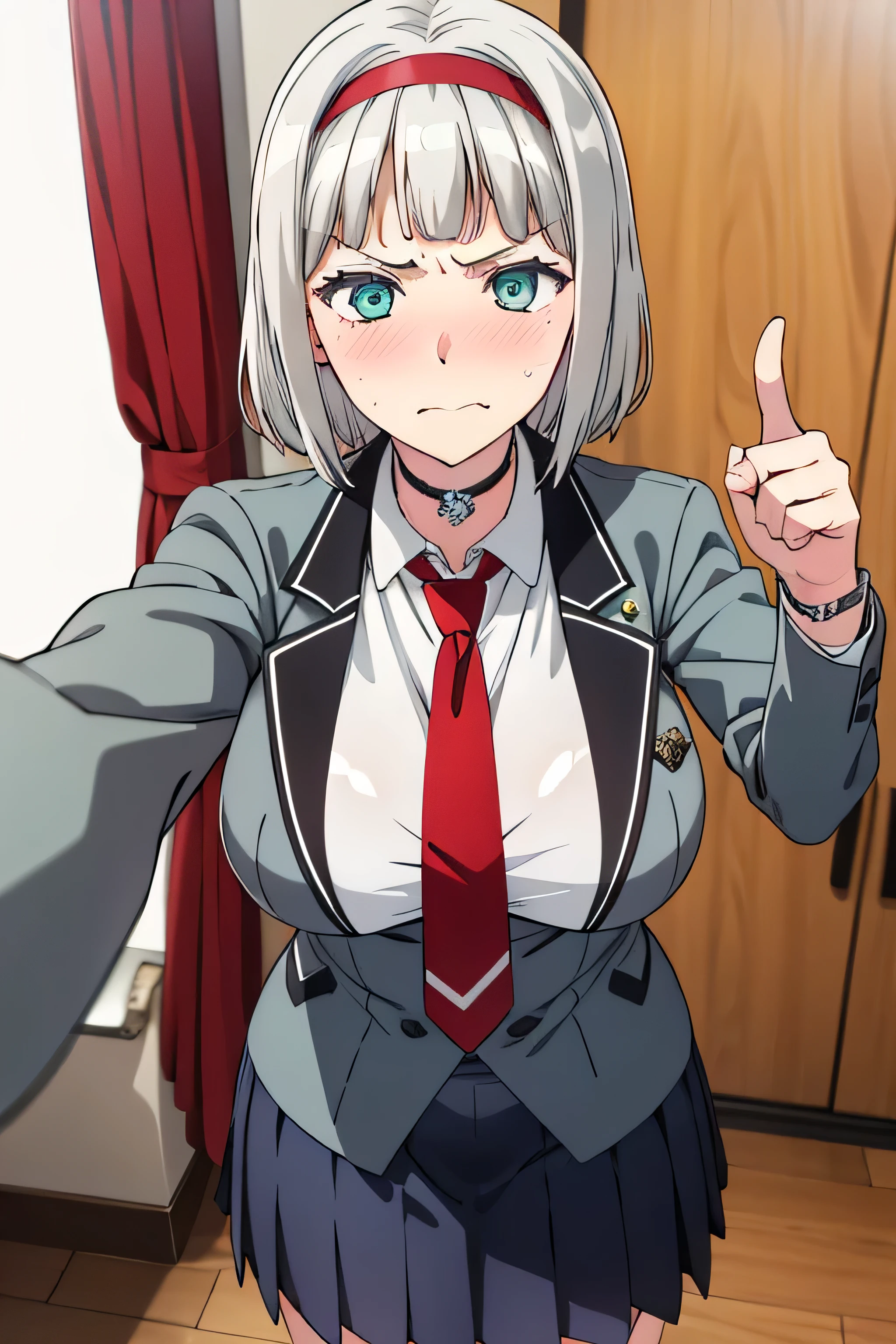 (masterpiece, best quality, ultra-detailed), AnnaNishikinomiya, white hair, aqua eyes, short hair, hairband, choker, large breasts, room, grey jacket, white shirt, red necktie, blue skirt, jacket close, large skirt, standing, angry, blushing, pov, looking at the camera, pouting, pointing finger at camera,