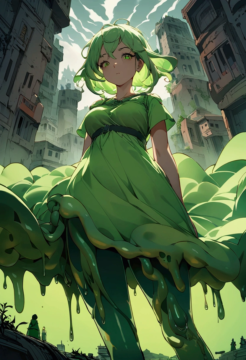 After the end of the world，Everything melted into goo, Mucous substance, Low Angle Shot, A woman stands in the foreground. Her bright yellow-green dress, Plastic green top, Slimy green plastic leggings, Gelatinous. The landscape behind her is a mixture of half-melted buildings and twisted remnants of civilization., They are all dripping with the same sticky mucus. The sky is covered with dark clouds，Epoly，A hint of green, Reflecting the mucus below. The woman&#39;s expression is full of determination and resilience, In stark contrast to surrealism